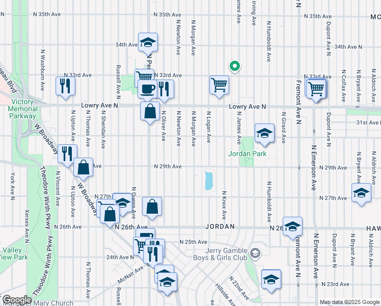map of restaurants, bars, coffee shops, grocery stores, and more near 2923 North Morgan Avenue in Minneapolis