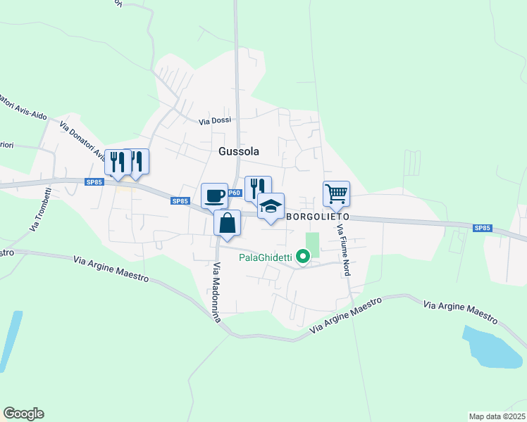 map of restaurants, bars, coffee shops, grocery stores, and more near 3-25 Via XX Settembre in Gussola