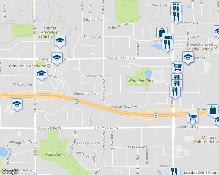 map of restaurants, bars, coffee shops, grocery stores, and more near 2301 Hand Avenue in Roseville