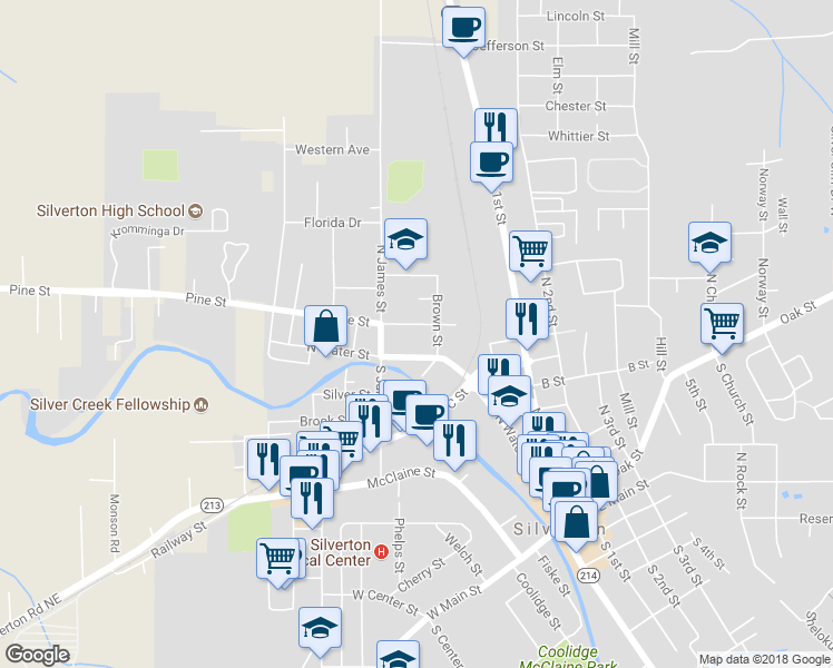 map of restaurants, bars, coffee shops, grocery stores, and more near 725 Pine Street in Silverton