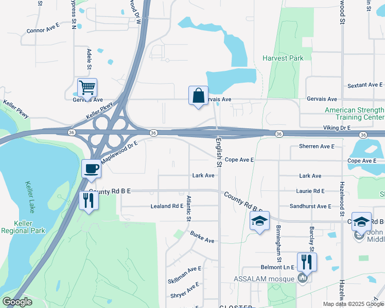 map of restaurants, bars, coffee shops, grocery stores, and more near 1248 Cope Avenue East in Maplewood