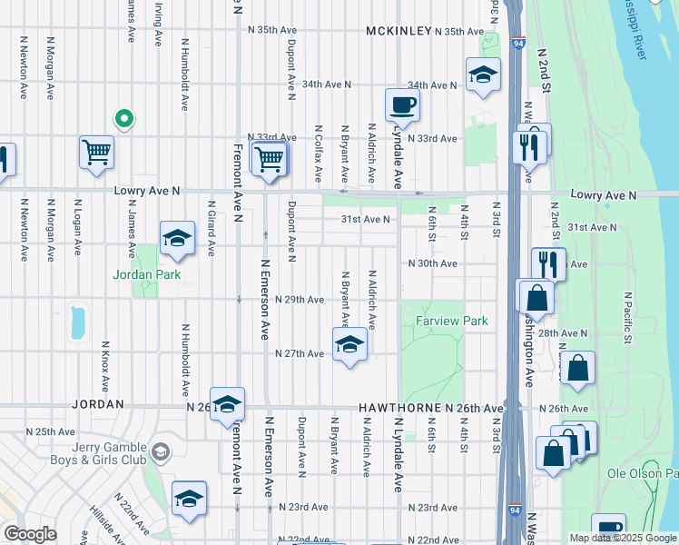 map of restaurants, bars, coffee shops, grocery stores, and more near 2931 North Bryant Avenue in Minneapolis