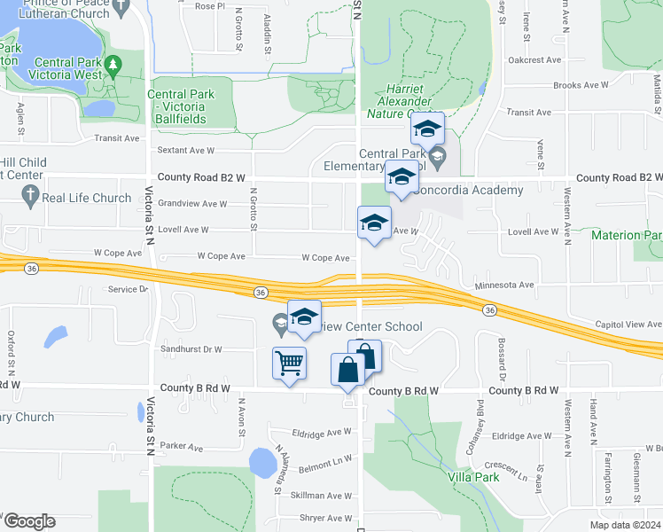 map of restaurants, bars, coffee shops, grocery stores, and more near 655 Minnesota 36 in Roseville