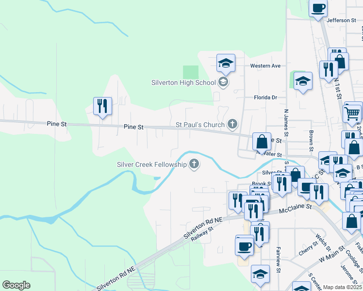 map of restaurants, bars, coffee shops, grocery stores, and more near 1445 Pine Street in Silverton