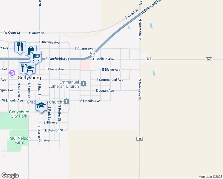 map of restaurants, bars, coffee shops, grocery stores, and more near 909 East Logan Avenue in Gettysburg