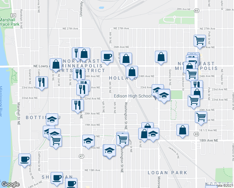 map of restaurants, bars, coffee shops, grocery stores, and more near 2212 7th Street Northeast in Minneapolis
