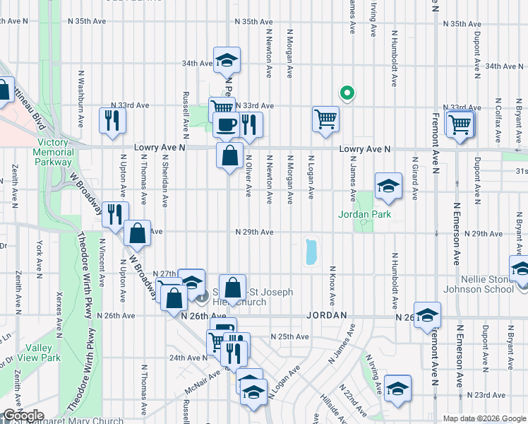 map of restaurants, bars, coffee shops, grocery stores, and more near 2927 North Newton Avenue in Minneapolis