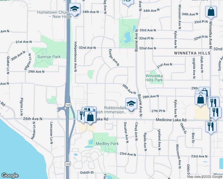 map of restaurants, bars, coffee shops, grocery stores, and more near 9008 29th Avenue North in Minneapolis