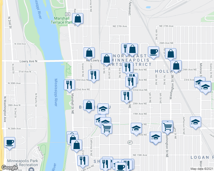 map of restaurants, bars, coffee shops, grocery stores, and more near 111 22nd Avenue Northeast in Minneapolis