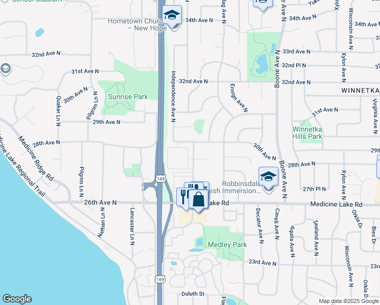map of restaurants, bars, coffee shops, grocery stores, and more near 2909 Hillsboro Avenue North in New Hope