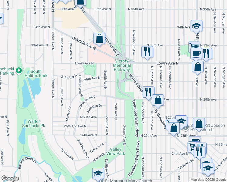 map of restaurants, bars, coffee shops, grocery stores, and more near 2919 York Avenue North in Minneapolis