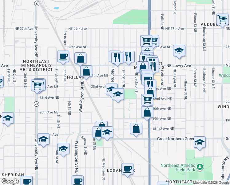 map of restaurants, bars, coffee shops, grocery stores, and more near 2219 Monroe Street Northeast in Minneapolis