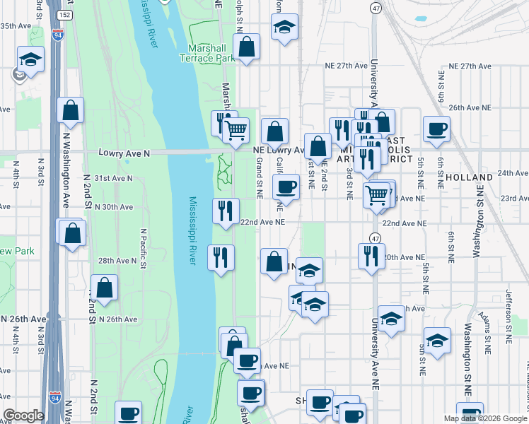 map of restaurants, bars, coffee shops, grocery stores, and more near 2211 Grand Street Northeast in Minneapolis