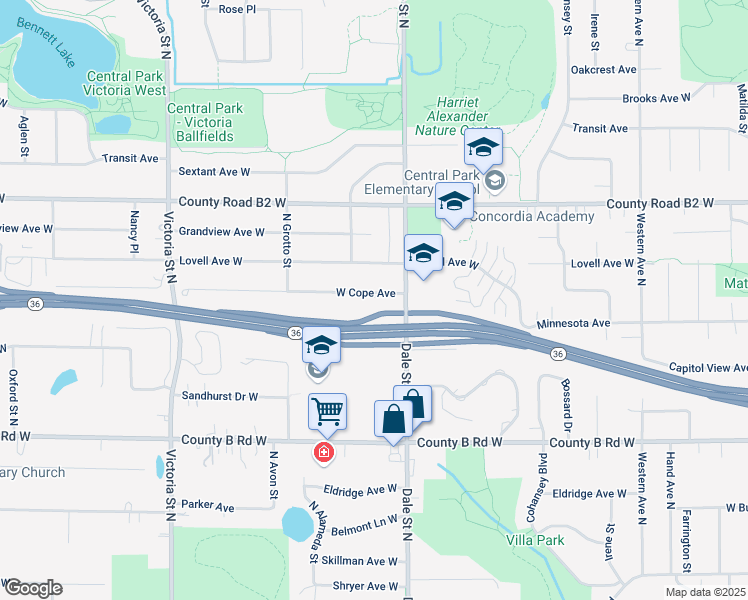 map of restaurants, bars, coffee shops, grocery stores, and more near 655 Minnesota 36 in Roseville