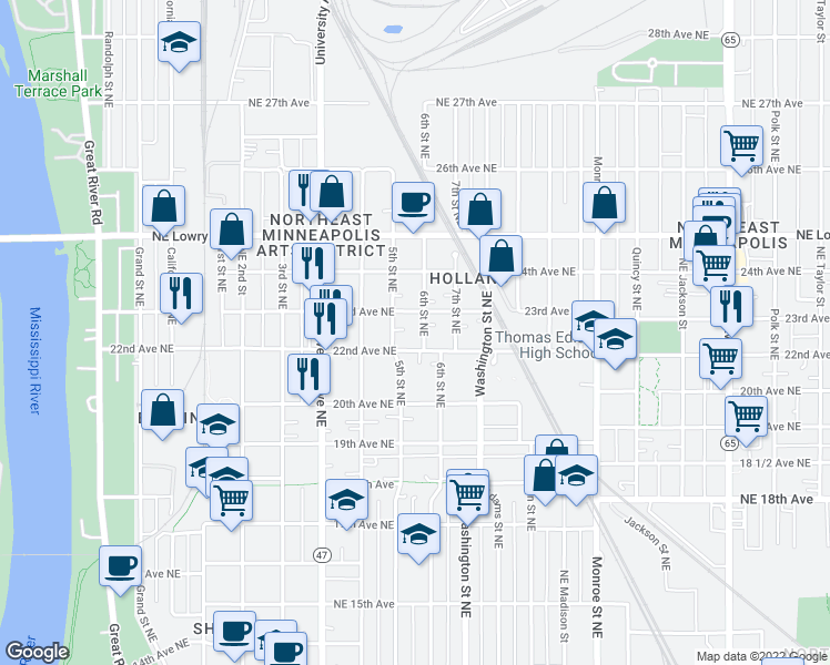 map of restaurants, bars, coffee shops, grocery stores, and more near 2212 6th Street Northeast in Minneapolis