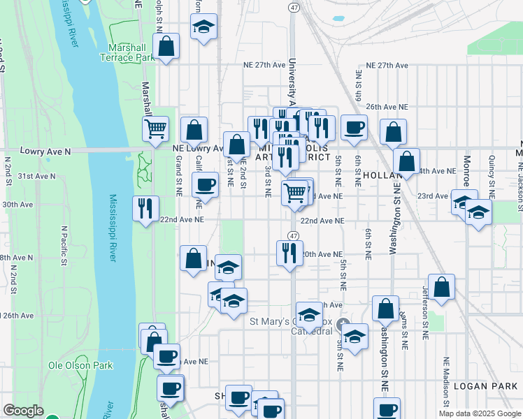 map of restaurants, bars, coffee shops, grocery stores, and more near 213 22nd Avenue Northeast in Minneapolis