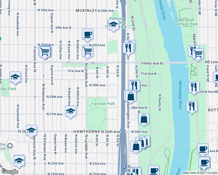 map of restaurants, bars, coffee shops, grocery stores, and more near 401 North 30th Avenue in Minneapolis