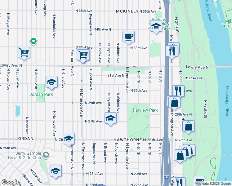 map of restaurants, bars, coffee shops, grocery stores, and more near 2935 North Aldrich Avenue in Minneapolis