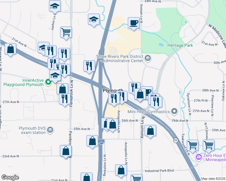 map of restaurants, bars, coffee shops, grocery stores, and more near Quaker Ln N in Plymouth