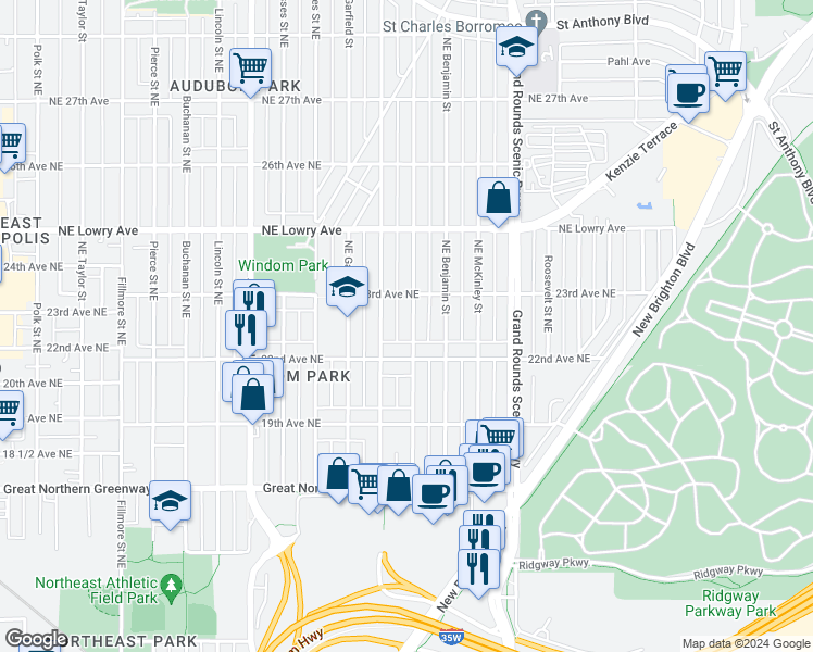 map of restaurants, bars, coffee shops, grocery stores, and more near 2226 Northeast Cleveland Street in Minneapolis