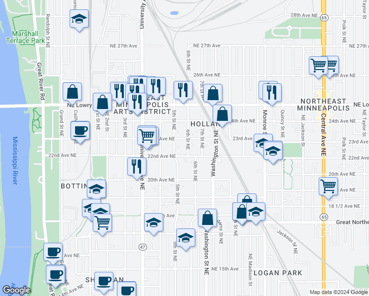 map of restaurants, bars, coffee shops, grocery stores, and more near 2212 6th Street Northeast in Minneapolis