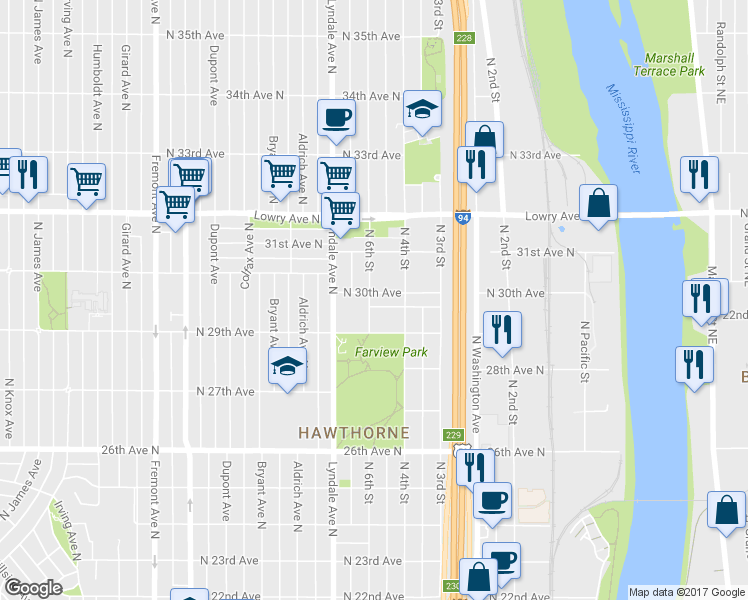 map of restaurants, bars, coffee shops, grocery stores, and more near 429 North 30th Avenue in Minneapolis