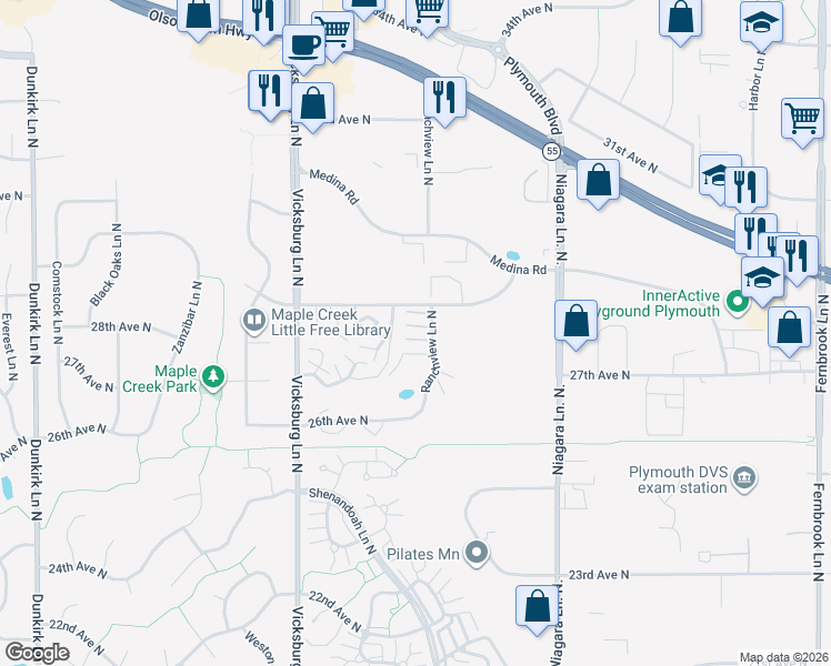 map of restaurants, bars, coffee shops, grocery stores, and more near 2785 Ranchview Lane North in Plymouth