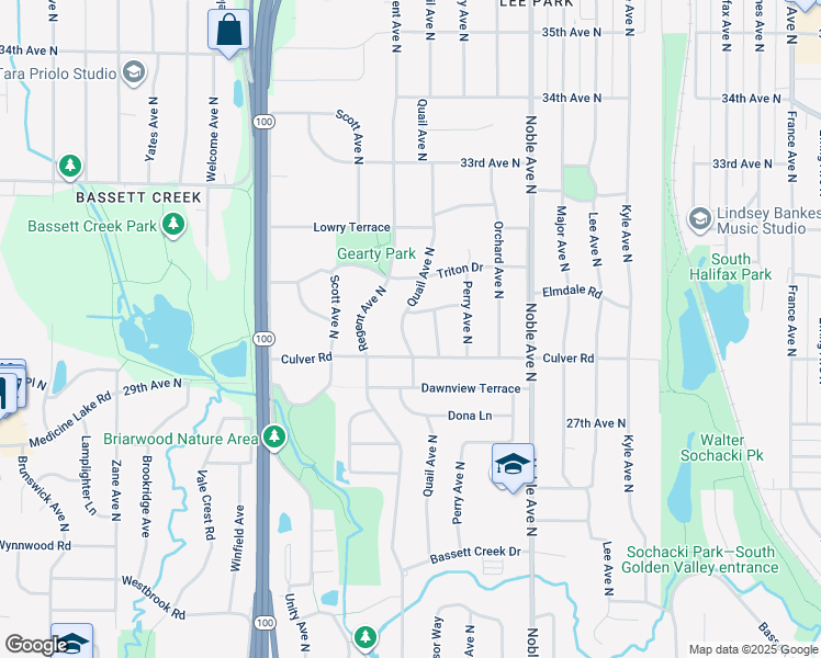 map of restaurants, bars, coffee shops, grocery stores, and more near 2936 Quail Avenue North in Minneapolis