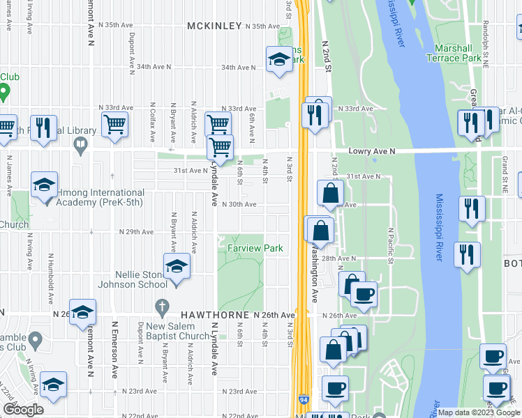 map of restaurants, bars, coffee shops, grocery stores, and more near 401 North 30th Avenue in Minneapolis