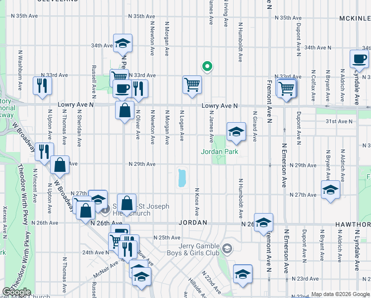 map of restaurants, bars, coffee shops, grocery stores, and more near 2930 North Logan Avenue in Minneapolis