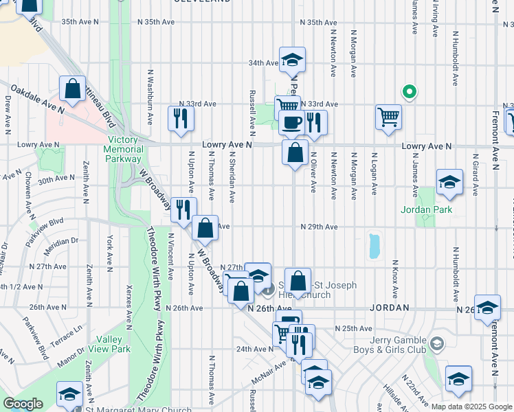 map of restaurants, bars, coffee shops, grocery stores, and more near 2930 Russell Avenue North in Minneapolis