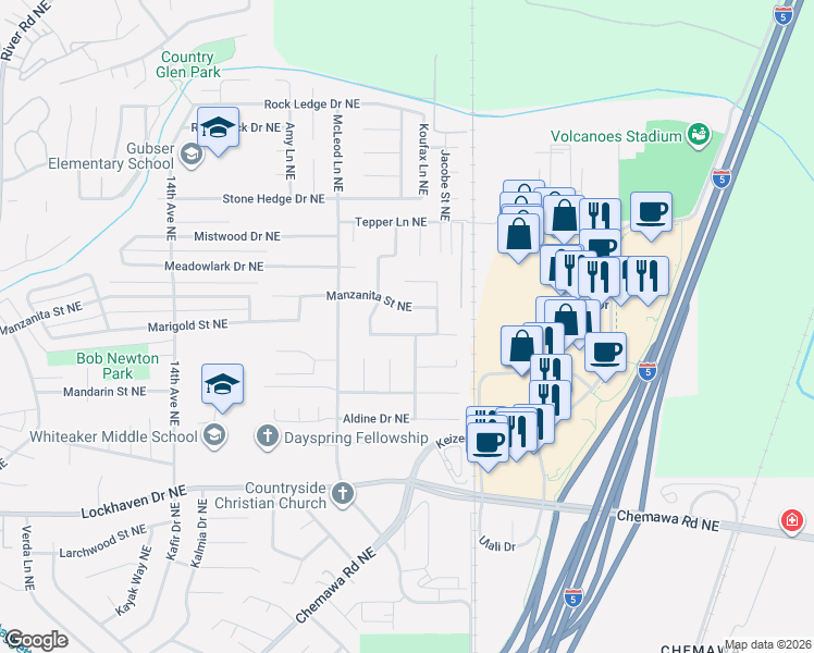 map of restaurants, bars, coffee shops, grocery stores, and more near 2273 Latona Drive Northeast in Keizer