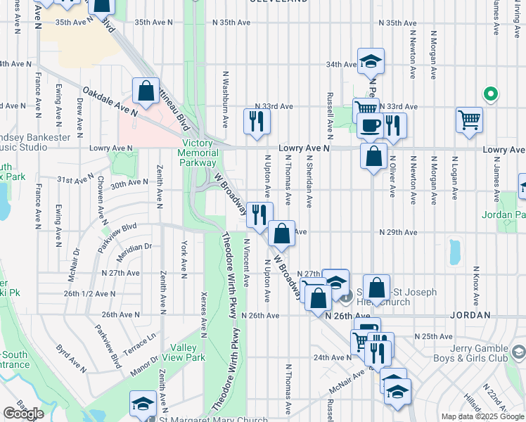 map of restaurants, bars, coffee shops, grocery stores, and more near 2931 North Upton Avenue in Minneapolis
