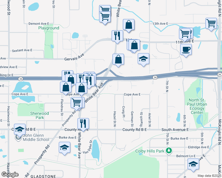 map of restaurants, bars, coffee shops, grocery stores, and more near 1890 Sherren Avenue East in Maplewood
