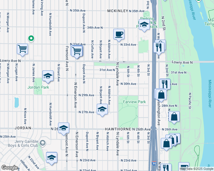 map of restaurants, bars, coffee shops, grocery stores, and more near 2935 North Aldrich Avenue in Minneapolis