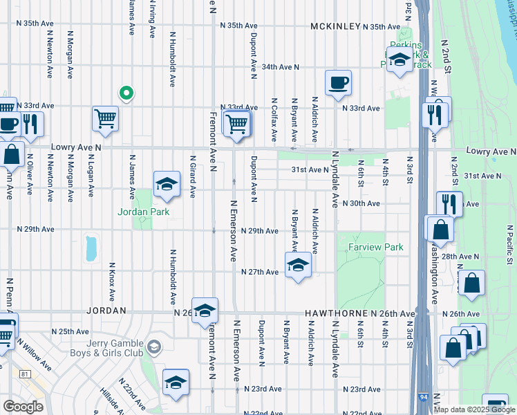 map of restaurants, bars, coffee shops, grocery stores, and more near 2934 North Dupont Avenue in Minneapolis