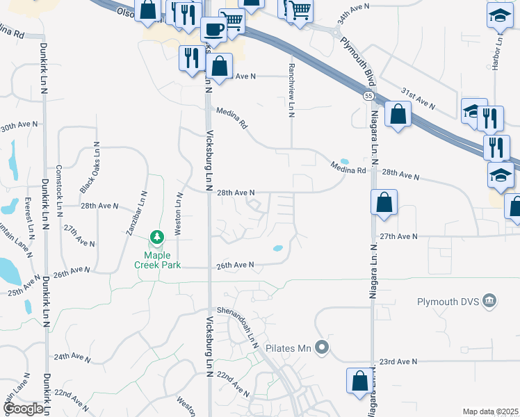 map of restaurants, bars, coffee shops, grocery stores, and more near 2704 Terraceview Lane North in Minneapolis