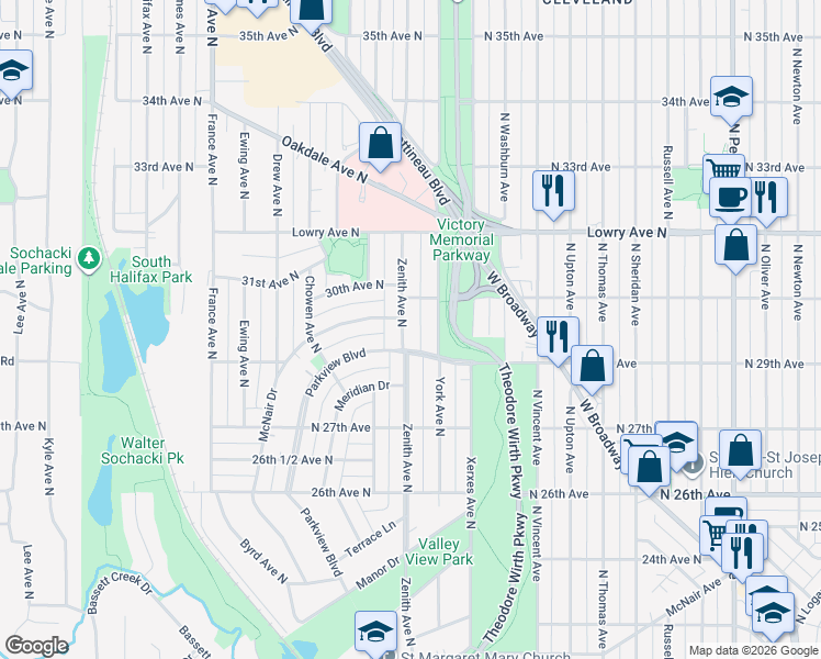 map of restaurants, bars, coffee shops, grocery stores, and more near 2914 Zenith Avenue North in Minneapolis
