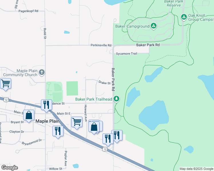 map of restaurants, bars, coffee shops, grocery stores, and more near 4835 Drake Street in Maple Plain