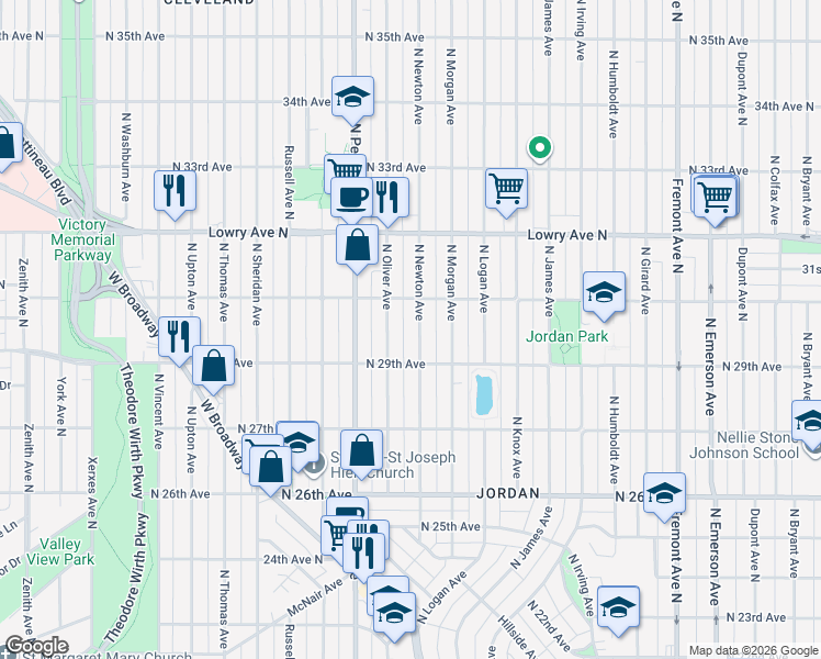 map of restaurants, bars, coffee shops, grocery stores, and more near 2927 North Newton Avenue in Minneapolis