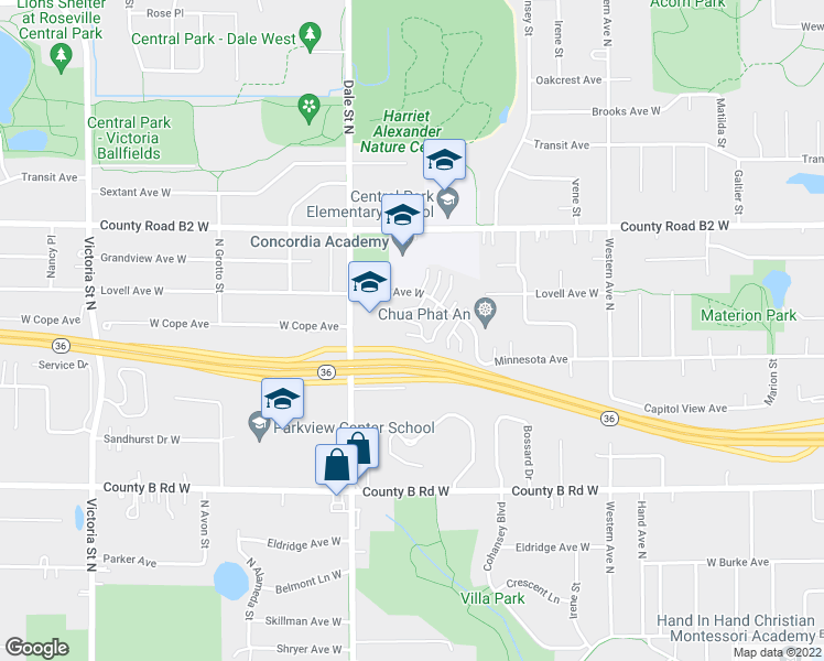 map of restaurants, bars, coffee shops, grocery stores, and more near 546 Lovell Avenue West in Roseville