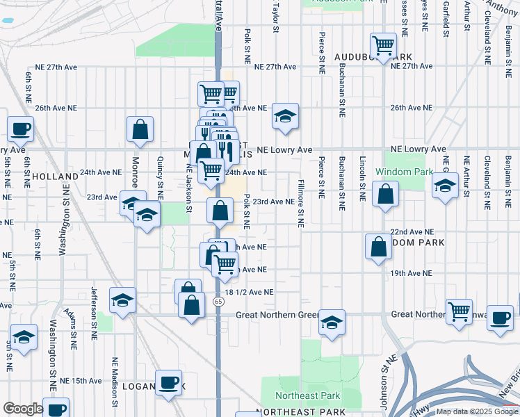 map of restaurants, bars, coffee shops, grocery stores, and more near 1020 23rd Avenue Northeast in Minneapolis