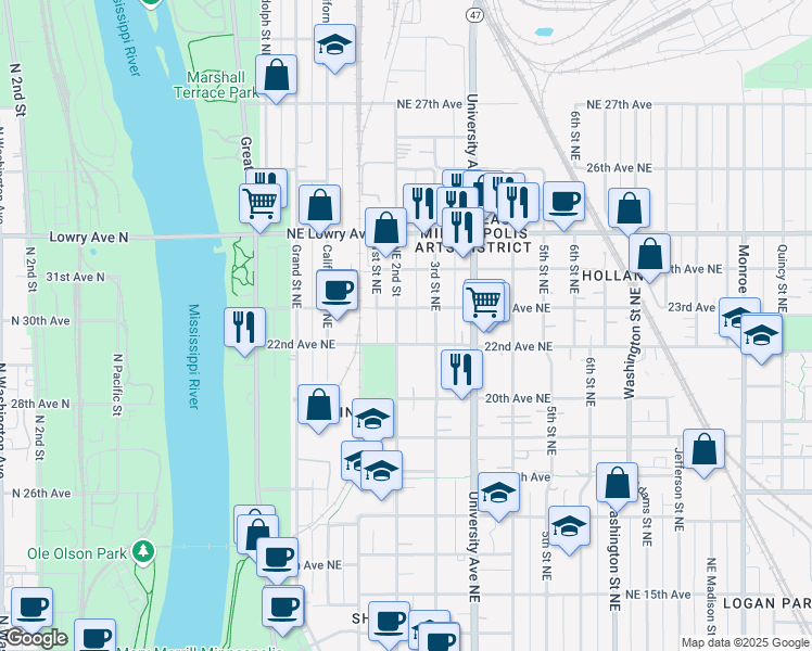 map of restaurants, bars, coffee shops, grocery stores, and more near 213 22nd Avenue Northeast in Minneapolis