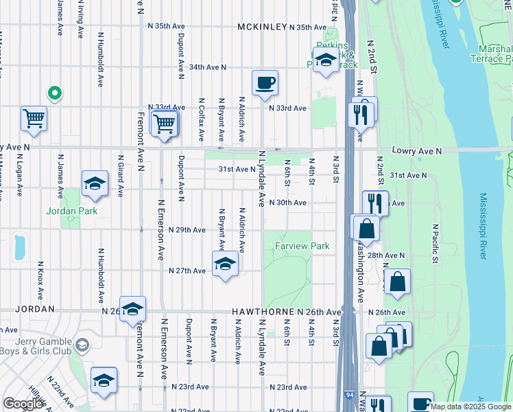 map of restaurants, bars, coffee shops, grocery stores, and more near in Minneapolis