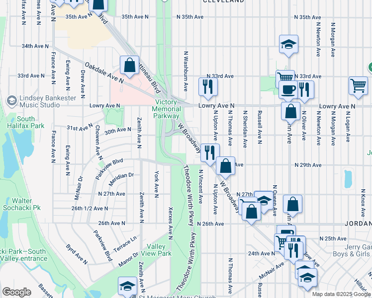 map of restaurants, bars, coffee shops, grocery stores, and more near 2923 North Vincent Avenue in Minneapolis