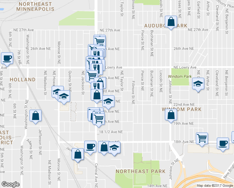 map of restaurants, bars, coffee shops, grocery stores, and more near 1020 23rd Avenue Northeast in Minneapolis