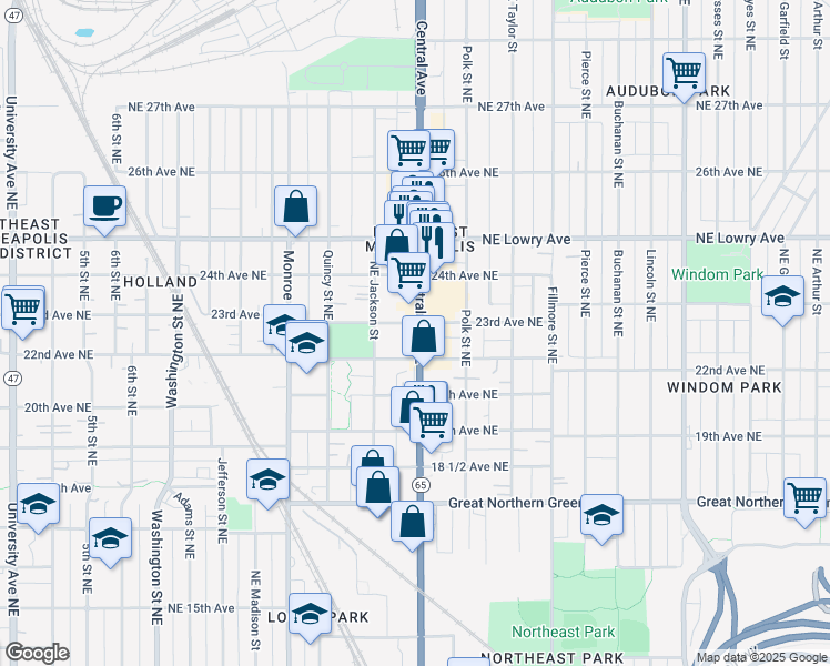 map of restaurants, bars, coffee shops, grocery stores, and more near 2220 Central Avenue Northeast in Minneapolis