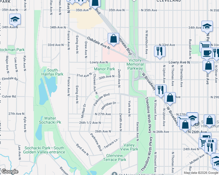 map of restaurants, bars, coffee shops, grocery stores, and more near 3329 McNair Drive in Minneapolis