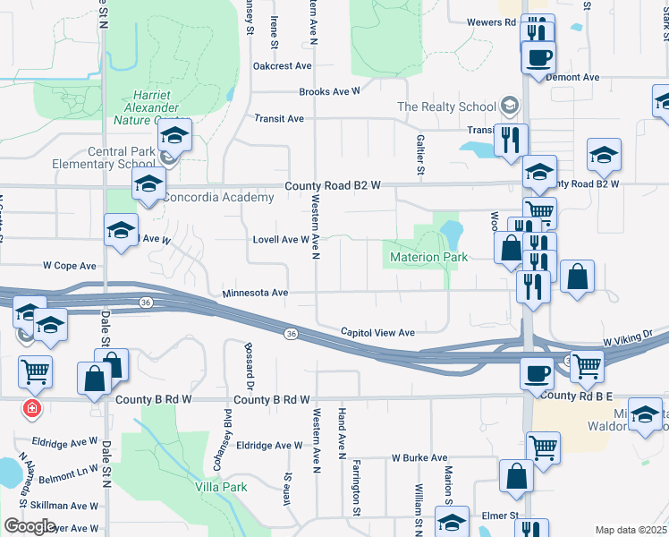 map of restaurants, bars, coffee shops, grocery stores, and more near 2307 Hand Avenue in Roseville