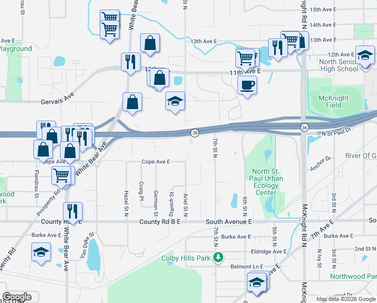 map of restaurants, bars, coffee shops, grocery stores, and more near 2289 Ariel Court in North Saint Paul